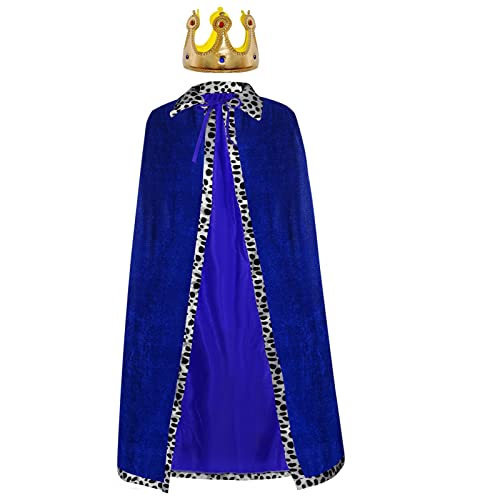 Königsmantel Königinsmantel Samtmantel Kostüm + Krone König Königin für Damen Herren Halloween Erwachsene Mottoparty Theater Fasching Cosplay Karneval Verkleiden Accessoires (Blue, 49.2in/125cm) von jerbro