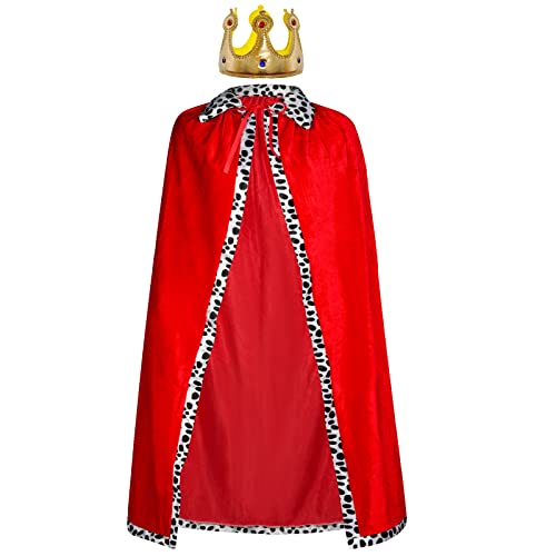 Königsmantel Königinsmantel Samtmantel Kostüm + Krone König Königin für Damen Herren Halloween Erwachsene Mottoparty Theater Fasching Cosplay Karneval Verkleiden Accessoires (49.2in/125cm, Red) von jerbro