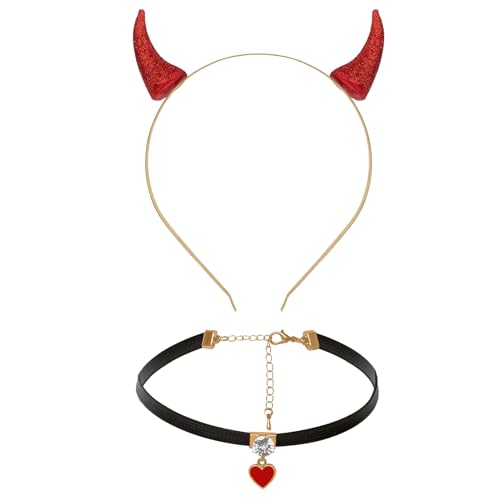 Teufelshörner Teufels Ohren Haarreif Haarschmuck mit Herz Choker Halskette für Damen Herren Halloween Fasching Kostüm Karneval Cosplay Party (Rot) von jerbro