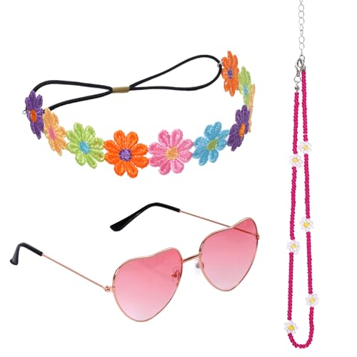 jerbro 3er Hippie Kostüm 60er 70er Disco Boho Haarband Stirnband Vintage Brille Halskette für Damen Halloween Cosplay Karneval Fasching Kostüm Bekleidung (Rosenrot) von jerbro
