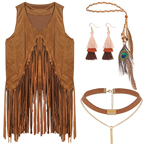 jerbro 4 Stück Hippie Kostüm Damen kleidung 60er 70er Disco Fransen Weste Bekleidung Mädchen Outfit FaschingsKostüm Halloween Cosplay Karneval Fransenweste (M, Brown) von jerbro