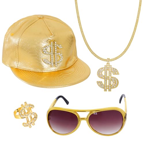 jerbro 4er Fette Gangster Hip Hop Kostüm Set 70er 80er 90er Hustler Rapper Hut Sonnenbrille Disco Goldene Dollar Kette Ring Bad Taste Zuhälter für Cosplay Halloween Fasching Karneval Thema Party von jerbro