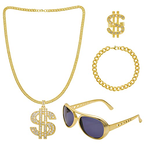 jerbro 4er Gangster Dollar Kette & Ring Armband Gold Brille 70er 80er 90er Hustler Rapper Hiphop Kostüm Bad Taste Faschingszubehör für Halloween Cosplay Fasching Karneval Mottopartys von jerbro