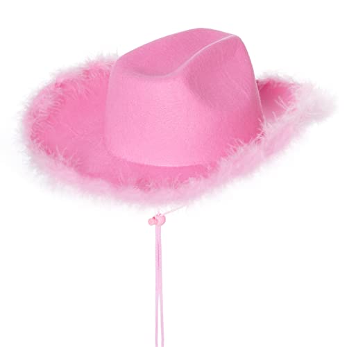 jerbro Cowgirl Hut Feder Kuh Mädchen Hut Flauschige Cowboy Hüte für Western Party Halloween Cosplay Frauen Kostüm Dress Up Zubehör (Erwachsene, Rosa) von jerbro