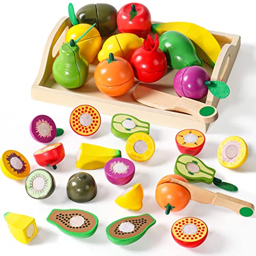 yoptote Kinderküche Zubehör Holz Kinderspielzeug ab 2 Jahre, Spielküche Zubehör Kinder Küche Spielzeug ab 2 3 4 Jahre Kinder Geschenk Junge Mädchen Obst Gemüse Lebensmittel Holzspielzeug mit Klett von yoptote