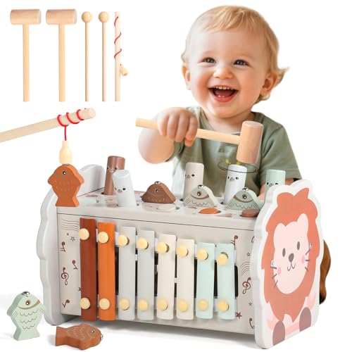 Montessori Spielzeug ab 1 Jahr - 4 in 1 Motorikspielzeug Kinderspielzeug Holzspielzeug ab 1 Jahr-Hammerspiel Xylophon Kinder 1 Jahr Geschenk Geburtstag für Kinder Mädchen Junge 1 Jahr von jerryvon