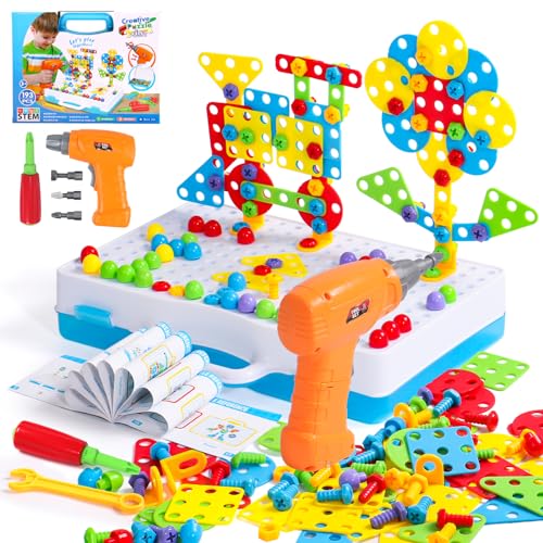 jerryvon Steckspiel ab 3 Jahre - Montessori Spielzeug ab 3 4 5 Jahre mit Bohrmaschine Werkzeugkoffer Kinder 3D Puzzle Mosaik Spiele ab 3 4 5 Jahren Geschenke für Junge Mädchen 193 Stück von jerryvon