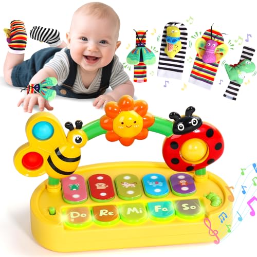 jerryvon Baby Spielzeug 6 Monate , Baby Musikspielzeug Sensorik Set Mit 4 Rasselsocken Motorikspielzeug, Licht & Verstellbarem Sound Music Babyspielzeug, Geschenk für Jungen Mädchen 6-12 Monate von jerryvon