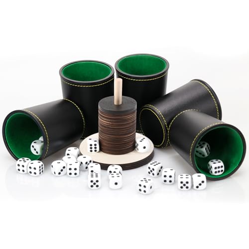 Schocken Set 5 würfelbecher Leder 25 Würfeln Schockbesteck Holz mit 14 Scheiben und Ständer Schockbesteck Set für Jule Meiern Maxen Mörkeln 10X10cm (Holzfarbe) von jiawaggag