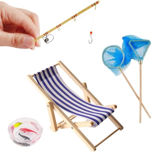 jiejack Miniatur Angel-Ausrüstung Set 5-teiligmit Angelrute, Aquarium, Netz & Zubehör – Realistische Puppenhaus-Deko für Kinder, DIY-Szenerie Deko für Wichteltüren und Kuchen (Blau) von jiejack