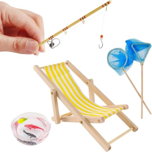 jiejack Miniatur Angel-Ausrüstung Set 5-teiligmit Angelrute, Aquarium, Netz & Zubehör – Realistische Puppenhaus-Deko für Kinder, DIY-Szenerie Deko für Wichteltüren und Kuchen (Gelb) von jiejack