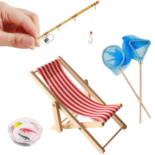 jiejack Miniatur Angel-Ausrüstung Set 5-teiligmit Angelrute, Aquarium, Netz & Zubehör – Realistische Puppenhaus-Deko für Kinder, DIY-Szenerie Deko für Wichteltüren und Kuchen (Rot) von jiejack
