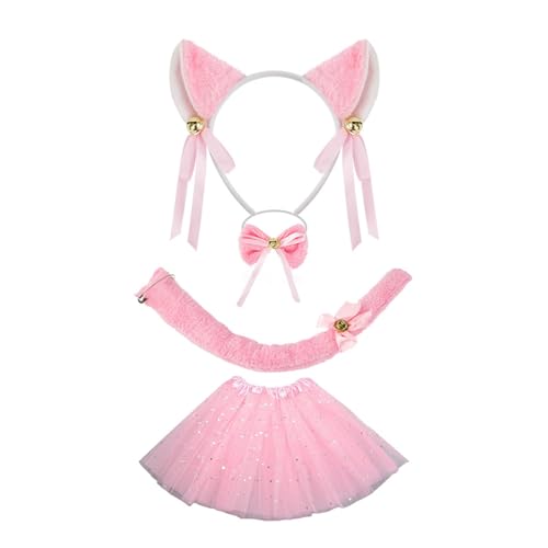 jiingekk 3/4/5 Katzen Kostüme Cosplay Katzen Ohren Stirnband Schleifen Schwanz Tutus Gesicht Aufkleber Halloween Tier Fasching Kostüm Zubehör von jiingekk