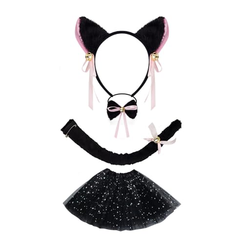 jiingekk 3/4/5 Katzen Kostüme Cosplay Katzen Ohren Stirnband Schleifen Schwanz Tutus Gesicht Aufkleber Halloween Tier Fasching Kostüm Zubehör von jiingekk