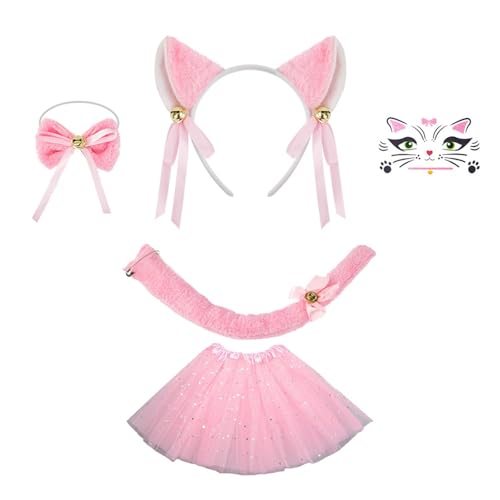 jiingekk 3/4/5 Katzen Kostüme Cosplay Katzen Ohren Stirnband Schleifen Schwanz Tutus Gesicht Aufkleber Halloween Tier Kostüm Zubehör von jiingekk