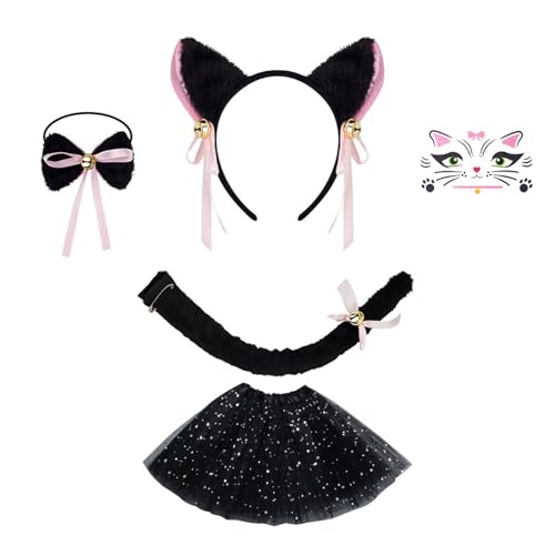 jiingekk 3/4/5 Katzen Kostüme Cosplay Katzen Ohren Stirnband Schleifen Schwanz Tutus Gesicht Aufkleber Halloween Tier Kostüm Zubehör von jiingekk