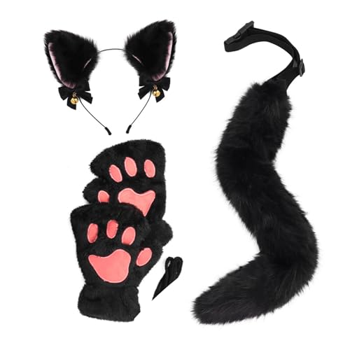 jiingekk 3-teiliges Halloween-Katzenkostüm-Set für Mädchen, Cosplay, Halloween, Katzen, Kostüm-Zubehör mit Stirnband, Schwanzhandschuhen jiingekk 3-teiliges Halloween-Katzenkostüm-Set für Mädchen, Cosplay, Halloween, Katzen, Kostüm-Zubehör mit Stirnband, Schwanzhandschuhen von jiingekk