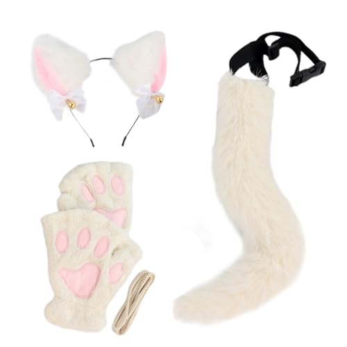 jiingekk 3-teiliges Halloween-Katzenkostüm-Set für Mädchen, Cosplay, Halloween, Katzen, Kostüm-Zubehör mit Stirnband, Schwanzhandschuhen jiingekk 3-teiliges Halloween-Katzenkostüm-Set für Mädchen, Cosplay, Halloween, Katzen, Kostüm-Zubehör mit Stirnband, Schwanzhandschuhen von jiingekk