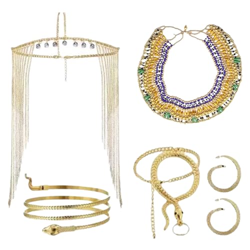 jiingekk Ägyptisches Halloween-Kopfschmuck-Kostüm für Damen, ägyptisches Kostüm, Schmuck, Zubehör, Kopfkette, Ecklace-Schlange von jiingekk