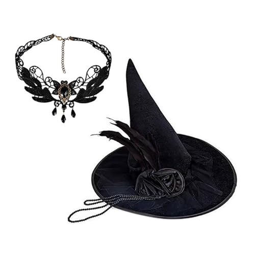 jiingekk Blumen-Halsband, Hexenhut, Halloween-Kostüm, Zubehör für Halloween, Party, Halskette, Perlen, Kopfbedeckung für Maskerade jiingekk Blumen-Halsband, Hexenhut, Halloween-Kostüm, Zubehör für Halloween, Party, Halskette, Perlen, Kopfbedeckung für Maskerade von jiingekk