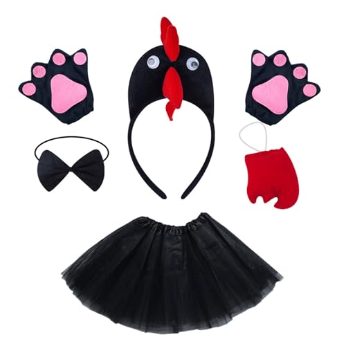 jiingekk Hühner-Kostüm, Cosplay-Set, Tierhaarreifen, Fliege, Schwanz, Handschuhe, Hahn-Stirnbänder, Huhn-Kopfbedeckung, Partyzubehör von jiingekk