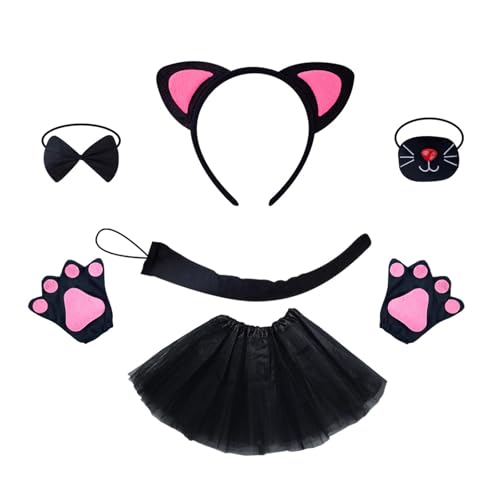 jiingekk Katzenkostüm-Set, Netzrock, schöne Katzenohren, Haarreif, Katzenohren, Stirnband, Plüschschwanz, Fliege, Partyzubehör für Halloween jiingekk Katzenkostüm-Set, Netzrock, schöne Katzenohren, Haarreif, Katzenohren, Stirnband, Plüschschwanz, Fliege, Partyzubehör für Halloween von jiingekk