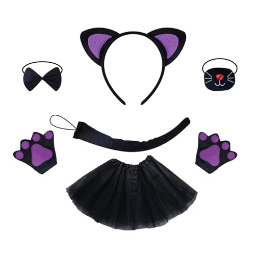 jiingekk Katzenkostüm-Set, Netzrock, schöne Katzenohren, Haarreif, Katzenohren, Stirnband, Plüschschwanz, Fliege, Partyzubehör für Halloween von jiingekk