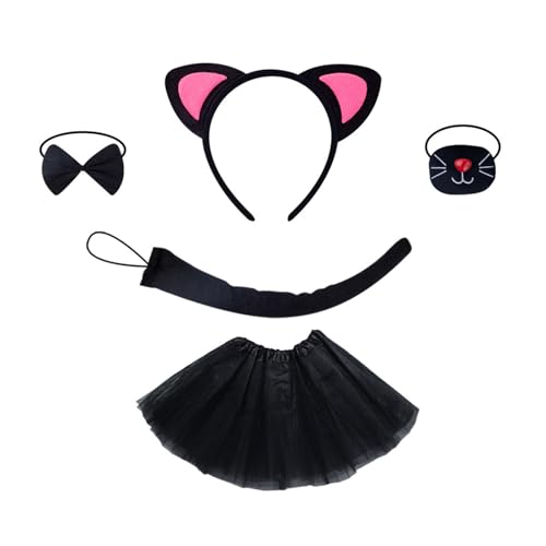 jiingekk Katzenkostüm-Set, Netzrock, schöne Katzenohren, Haarreif, Katzenohren, Stirnband, Plüschschwanz, Fliege, Partyzubehör für Halloween jiingekk Katzenkostüm-Set, Netzrock, schöne Katzenohren, Haarreif, Katzenohren, Stirnband, Plüschschwanz, Fliege, Partyzubehör für Halloween von jiingekk