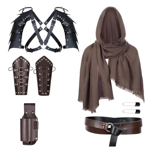 jiingekk Mittelalterliches Soldaten-Kostüm-Zubehör mit Leder-Armschienen, Umhang und unverzichtbares Kampf-Outfit für Themenveranstaltungen von jiingekk