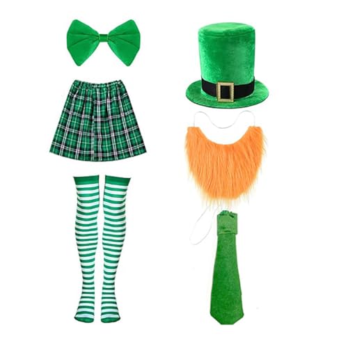 jiingekk Patricks Day Barkeeper-Outfits, Barkeeper-Kostüm, Zubehör mit realistischem Bart-Hut, Rock, Krawatte, gestreifter Strumpf von jiingekk