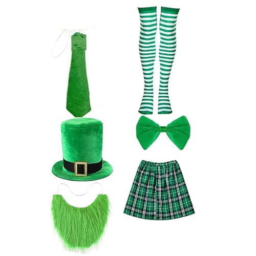 jiingekk Patricks Day Barkeeper-Outfits, Barkeeper-Kostüm, Zubehör mit realistischem Bart-Hut, Rock, Krawatte, gestreifter Strumpf von jiingekk