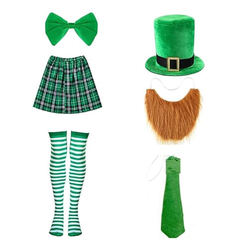 jiingekk Patricks Day Barkeeper-Outfits, Barkeeper-Kostüm, Zubehör mit realistischem Bart-Hut, Rock, Krawatte, gestreifter Strumpf von jiingekk