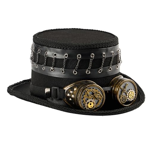 jiingekk Punk Zylinder mit verstellbarer Brille und industrieller Ausrüstung, handgefertigter Fantasy-Cosplay-Hut für Halloween-Kostümpartys, Steampunk von jiingekk