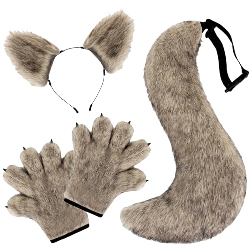 jiingekk Wolfskostüme für Cosplay, Wolfsohren, Stirnband mit Schwanz, Pfoten, Handschuhen, Set, Halloween, Tier-Kostüm, Zubehör, 3-teilig von jiingekk