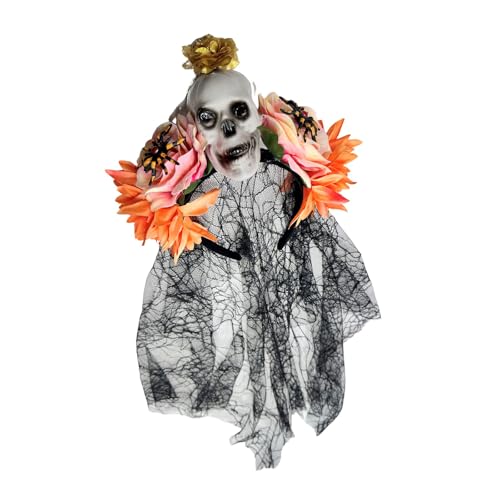jiingekk Zarter Totenkopf Rose Spinnennetz Spitze Haarschmuck für Halloween Kostüm Partys Punk Event und Rollenspiele Bequemes Gothic Haarband für langes Tragen von jiingekk