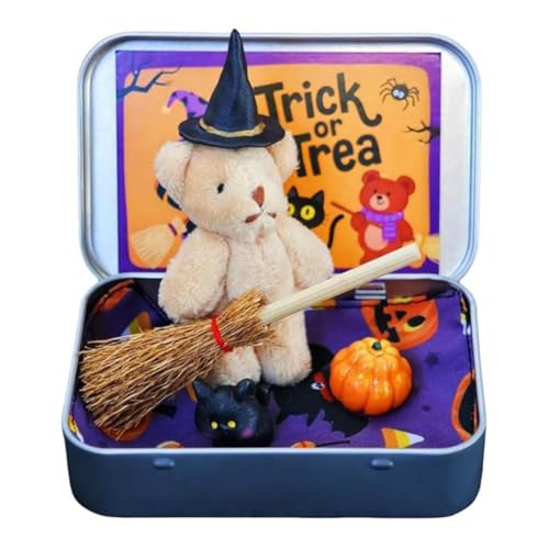 jileijar Halloween-Bär in einer Box, süßer Hexenbär in Box, Miniatur-Hexer mit Besen gefüllt & Tiergeschenk Plüsch-Mini-Kürbis jileijar Halloween-Bär in einer Box, süßer Hexenbär in Box, Miniatur-Hexer mit Besen gefüllt & Tiergeschenk Plüsch-Mini-Kürbis von jileijar