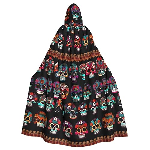 jingong Eleganter Kapuzenumhang mit mexikanischem Totenkopf-Druck, übergroßer Kapuzenumhang mit Fliege für Halloween, Kostümpartys, Rollenspiele von jingong