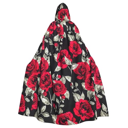 jingong Roter Rosen-Garten-Druck, eleganter Kapuzenumhang, übergroßer Kapuzenumhang mit Fliege für Halloween, Kostümpartys, Rollenspiele von jingong