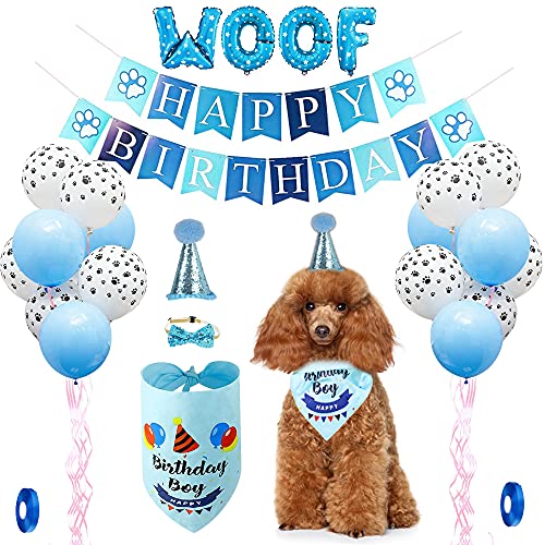 Hunde Geburtstagsparty Zubehör,Hunde Geburtstags Bandana Hut Set, Bandana,Happy Birthday Banner, Dreieck-Schal,Pfotenabdruck Ballon, niedliche Fliege für Haustier Mädchen, Party-Zubehör(blau) von jiuhao