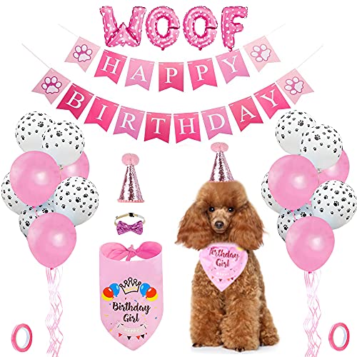 Hunde Geburtstagsparty Zubehör,Hunde Geburtstags Bandana Hut Set, Bandana,Happy Birthday Banner, Dreieck-Schal,Pfotenabdruck Ballon, niedliche Fliege für Haustier Mädchen, Party-Zubehör(rosa) von jiuhao