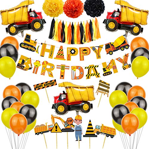 jiuzcare Bagger Geburtstag Deko 54pcs Baustelle Party Dekoration Kindergeburtstag Truck Luftballons Bau Dekorationen Happy Birthday Banner Folienballons Geburtstagsdeko Jungen Baufahrzeug Luftballon von jiuzcare