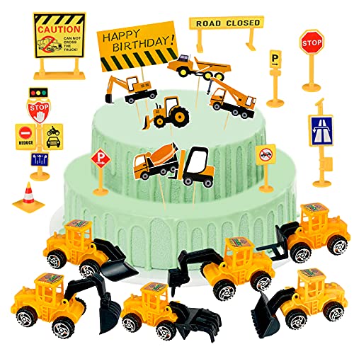 jiuzcare Bagger Tortendeko 22 Stück Bagger Kuchen Deko - 6 Baustellenfahrzeuge Kinder, 9 Verkehrsschilder Spielzeug, 7 Cake Topper Baustelle, Cake Decoration Kuchendeko für Junge Geburtstag von jiuzcare