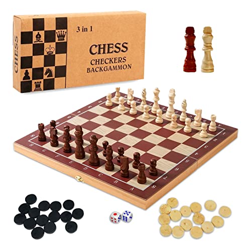 jiuzcare Schahschpiel 24x24 cm 3 in 1 Schachspiel International Schach Klappbares Tragbare Schachbrett aus Holz Handgefertigt Einklappbar Schachbrett Pädagogische für Kinder Erwachsene Familie Reisen von jiuzcare