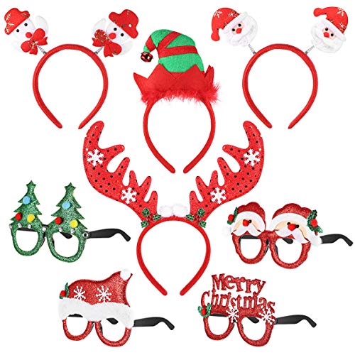 NUOBESTY Weihnachten Kostüm Stirnbänder mit Brille Set Photo Booth Requisiten für Kinder Weihnachten Urlaub Partei zugunsten Geschenke - 4 Stück Stirnbänder + 4 Stück Brillen von NUOBESTY