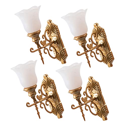 jojofuny 4 Stück Miniatur Wandlampen Modell Sandtisch Dekoration Goldfarbene LED Wandlampen für Puppenhaus Kompakte Mikro Landschaftslampen mit Warmweißem Licht Langlebiges DIY Baumaterial von jojofuny