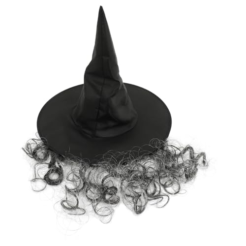jojofuny Halloween Hexenhut mit breiter Krempe und langem lockigem Haar, schwarzer Hexenhut für Maskenbälle, Cosplay und Bühnenauftritte, 40 x 40 x 32 cm von jojofuny