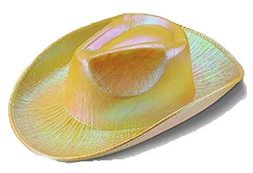 jokeshop Holografischer Cowgirl-Hut für Erwachsene, mit Glitzer, texanisch, metallisch, Weltraum, Cowboyhut, Party, Festival, Zubehör (gelb) von jokeshop