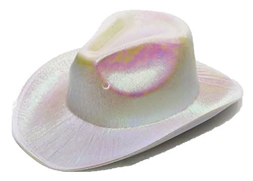 jokeshop Holografischer Cowgirl-Hut für Erwachsene, mit Glitzer, texanisch, metallisch, Weltraum, Cowboyhut, Party, Festival, Zubehör (weiß) von jokeshop