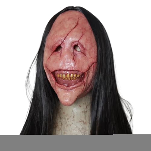 jopiuieo Unheimliche Maske,Realistische Grusel Gesichtsmaske - Atmungsaktive Fest Kopfbedeckung Mit Langen Haaren Und Zähnen Für Halloween Horrorfilme Gruselhäuser Kostümzubehör von jopiuieo