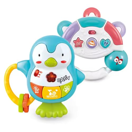 Set mit 2 Musikspielzeug für Babys, Pinguin und Tamburin mit Sound, Lichtern und Texturen, interaktive pädagogische Rasseln für Babys ab 6 Monaten Set mit 2 Musikspielzeug für Babys, Pinguin und Tamburin mit Sound, Lichtern und Texturen, interaktive pädagogische Rasseln für Babys ab 6 Monaten von JUGATOYS